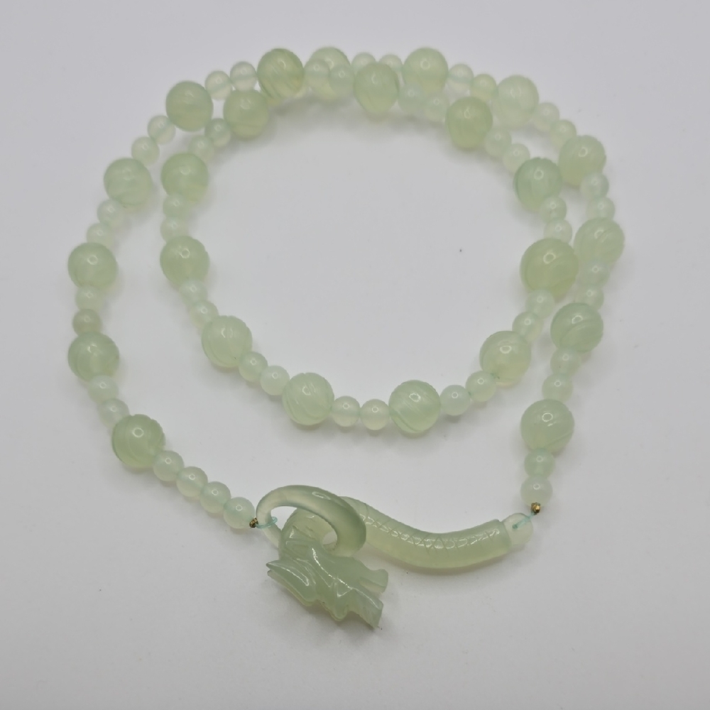 Vintage Chinese Carved Jade Green Beaded Necklace With Dragon Clasp